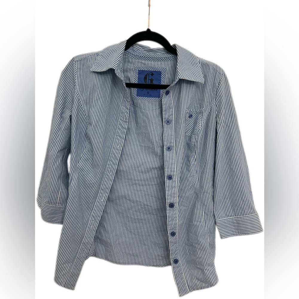 Vintage By Guess Blue Striped Button-Up Shirt with embroidered logo size‎ small